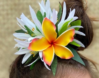 Ruffled Hawaiian Plumeria Hair Clip Tahitian Headdress Costume Aparima Ahuroa Statement Piece Croton Maile Floral Artificial Ti Leaf Hairpin