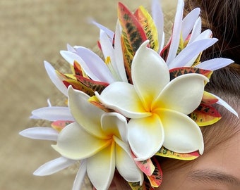 Double Hawaiian Plumeria Hair Clip Tahitian Headdress Costume Aparima Ahuroa Statement Piece Croton Maile Floral Artificial Ti Leaf Hairpin