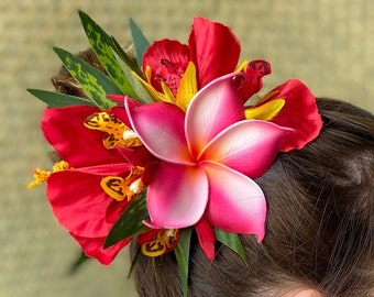Hawaiian Hair Clip Tahitian Adornment Aparima Ahuroa Statement Piece Plumeria and Royal Polynesian Hibiscus Tropical Artificial Ti Leaf