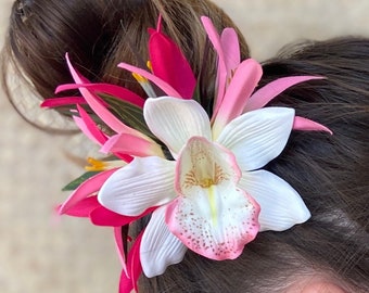 Hawaiian Flower Hair Clip Tahitian Costume Accessories Orchid & Spider Lily Artificial Ti Leaf Tropical Hairpin for Aparima Ahuroa Otea Solo