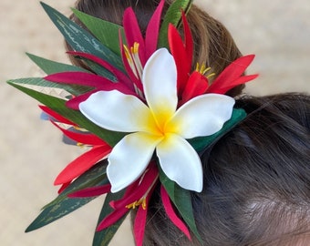 Royal Hawaiian Plumeria Hair Clip Tahitian Headdress Costume Aparima Ahuroa Statement Piece Spider Lily Floral Artificial Ti Leaf Hairpin
