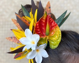 Royal Sunset Anthurium Hair Clip Tahitian Headdress Costume for Aparima Ahuroa Hula Statement Piece Bridal Plumeria Fascinator Hair Pin