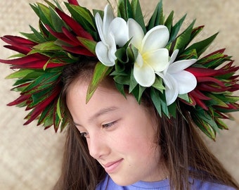 Lei Po'o Premium Royal Hawaiian Samoan Flower Crown Aparima Ahuroa Graduation Tiara Bird of Paradise Artificial Silk Ti Leaf Plumeria