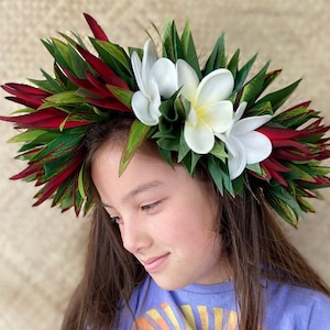 Lei Po'o Premium Royal Hawaiian Samoan Flower Crown Aparima Ahuroa Graduation Tiara Bird of Paradise Artificial Silk Ti Leaf Plumeria