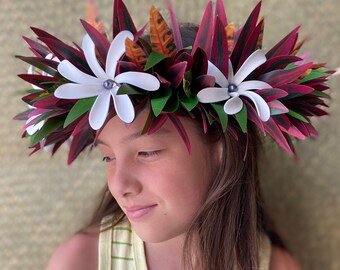 Lei Po'o Premium Bridal Hawaiian Flower Crown Romantic Tropical Wedding Graduation Silk Ti Leaf Croton Moana Tahitian Pearl Tiare Foam Flora