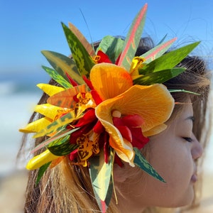 Hawaiian Flower Hair Clip Tahitian Costume Accessories Orchids & Heliconia Artificial Ti Leaf Tropical Hairpin for Aparima Ahuroa Otea Solo image 3