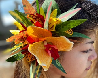 Hawaiian Flower Hair Clip Tahitian Costume Accessories Orchids & Heliconia Artificial Ti Leaf Tropical Hairpin for Aparima Ahuroa Otea Solo