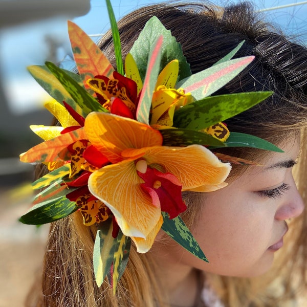 Hawaiian Flower Hair Clip Tahitian Costume Accessories Orchids & Heliconia Artificial Ti Leaf Tropical Hairpin for Aparima Ahuroa Otea Solo