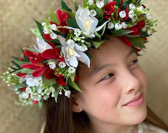 Lei Po'o Premium Royal Hawaiian Flower Crown Haku Style Lei Tropical Tiara Floral Wreath Artificial Silk Ti Leaf Fern Orchids Cordyline