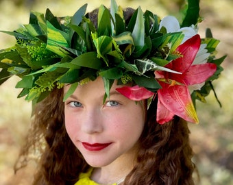 Headdress Tiger Lily Plumeria Croton Silk Ti Leaf Lei Po'o Traditional Polynesian Headpiece Premium Performance Grade Competition Head Dress