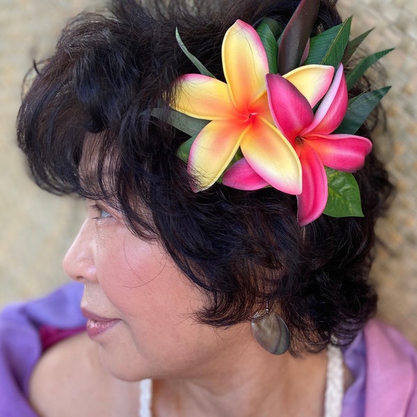 Hawaiian Hair Clip Tahitian Adornment Aparima Ahuroa Statement Piece Sunrise Sunset Twin Plumeria Vintage Tropical Elegant Hair Pin