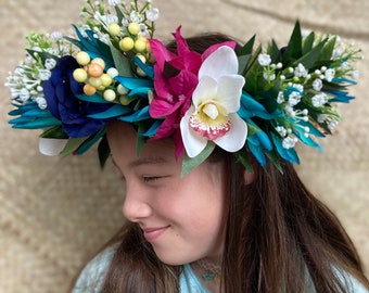 Lei Po'o Cook Islands Aquarella Flower Crown Hawaiian Haku Graduation Lei Tropical Bridal Tiara Floral Wreath Artificial Silk Ti Leaf