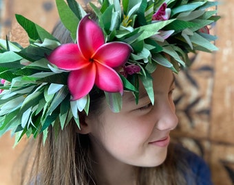 Lei Po'o Premium Hawaiian Flower Crown Stunning Tropical Wedding Graduation Artificial Silk Ti Leaf & Designer Foam Flowers