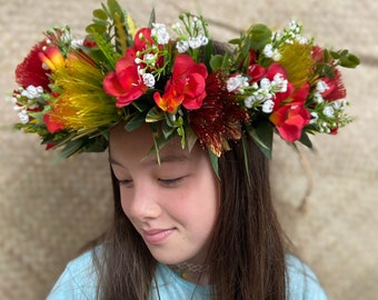 Lei Po'o Ohi’a Lehua Cook Islands Freesia Hawaiian Flower Crown Tahitian Costume Haku Graduation Lei Tropical Tiara Floral Wreath
