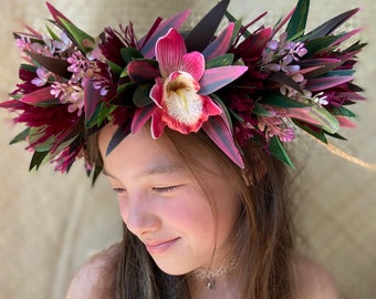 Lei Po'o Okika Plum Cordyline Orchids Premium Hawaiian Flower Crown Polynesian Tropical Wedding Graduation Artificial Silk Ti