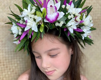 Lei Po'o Okika Premium Royal Hawaiian Flower Crown Haku Graduation Lei Tropical Bridal Tiara Floral Wreath Artificial Silk Ti Leaf