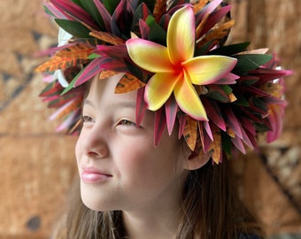 Lei Po'o Premium Hawaiian Flower Crown Stunning Tropical Wedding Graduation Artificial Silk Ti Leaf Plumeria and Croton