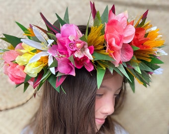 Lei Po'o Cook Islands Princessa Coral Flower Crown Haku Graduation Lei Tropical Bridal Tiara Floral Wreath Artificial Silk Ti Leaf