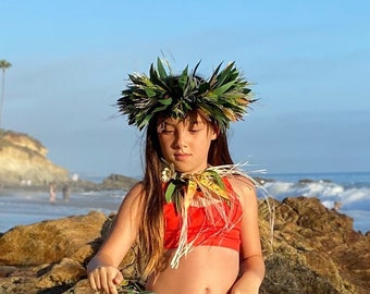 Keiki Lei Po'o Ti Leaf Crown Premium Hawaiian Haku for Tamarii Polynesian Performance Hula Kahiko Ori Tahiti Dance Beach Wedding Photoshoots