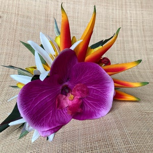 Hawaiianische Blume Haarspange Tahitian Kostüm Zubehör Orchideen & Heliconia Künstliche Ti Blatt Tropische Haarnadel Bild 3