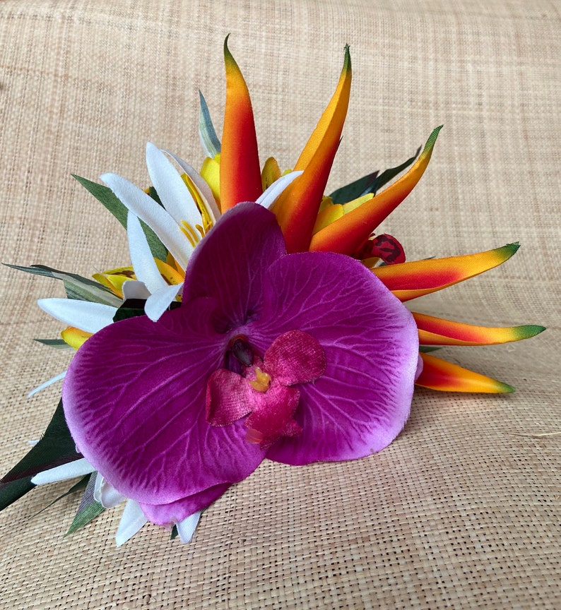 Hawaiianische Blume Haarspange Tahitian Kostüm Zubehör Orchideen & Heliconia Künstliche Ti Blatt Tropische Haarnadel Bild 3