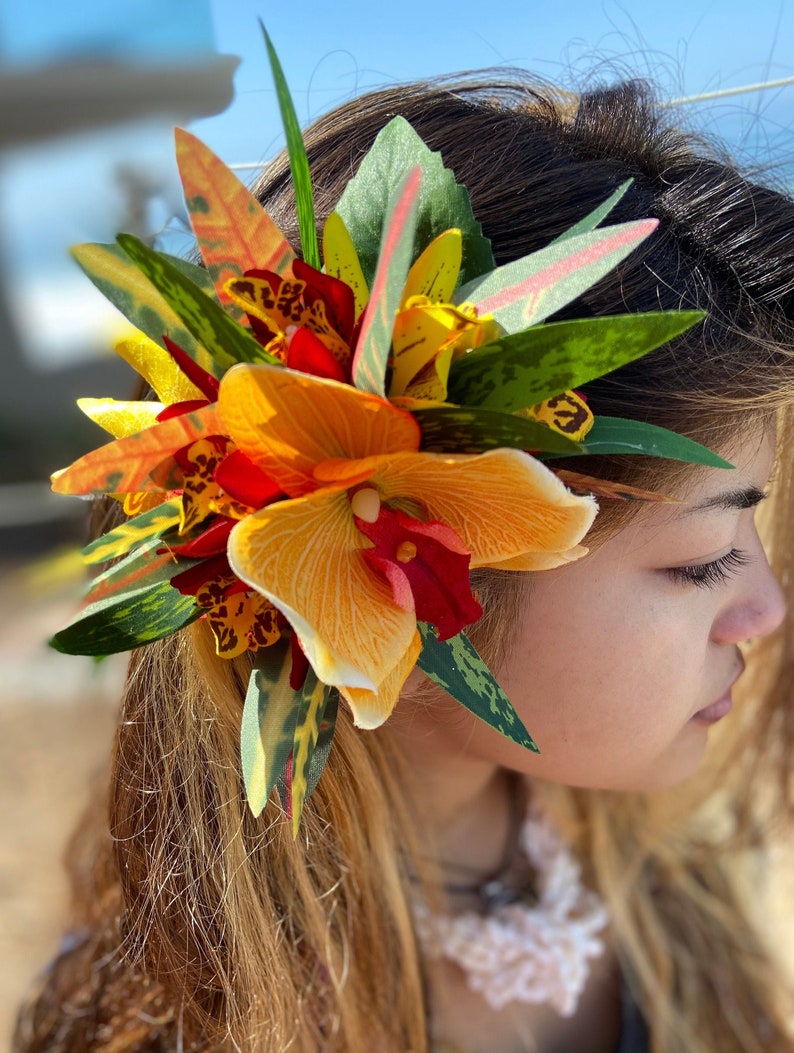 Hawaiian Flower Hair Clip Tahitian Costume Accessories Orchids & Heliconia Artificial Ti Leaf Tropical Hairpin for Aparima Ahuroa Otea Solo image 1