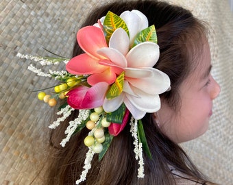 Hawaiian Plumeria Tulip Pixie Bride Graduation Hair Clip Tahitian Aparima Ahuroa Statement Piece Bridal Artificial Ti Leaf Hair Pin