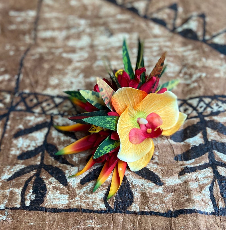 Hawaiian Flower Hair Clip Tahitian Costume Accessories Orchids & Heliconia Artificial Ti Leaf Tropical Hairpin for Aparima Ahuroa Otea Solo image 8