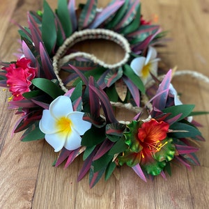 Lei Po'o Ohai Alii Premium Hawaiian Flower Crown Stunning Tropical Wedding Graduation Artificial Silk Ti Leaf Plumeria Croton image 7