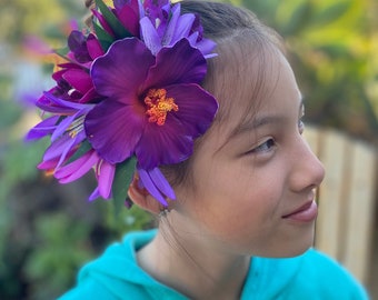 Hawaiian Flower Hair Clip Tahitian Costume Accessories Moonlight Hibiscus Artificial Ti Leaf Tropical Hairpin for Aparima Ahuroa Otea Solo
