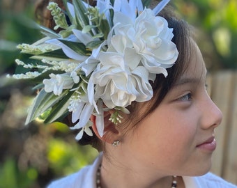 Hawaiian Gardenia Pixie Bride Graduation Hair Clip Tahitian Aparima Ahuroa Statement Piece Bridal Artificial Ti Leaf Hair Pin