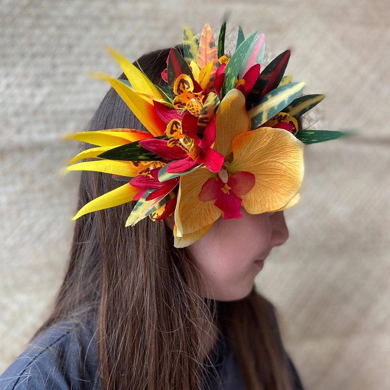 Hawaiian Flower Hair Clip Tahitian Costume Accessories Orchids & Heliconia Artificial Ti Leaf Tropical Hairpin for Aparima Ahuroa Otea Solo image 2