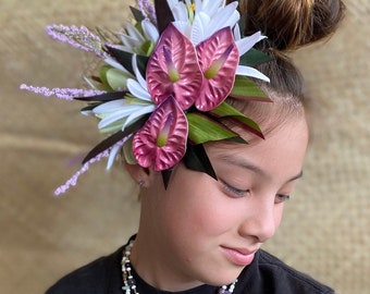 Petunia Pink Princess Anthurium Hair Clip Tahitian Headdress Costume Aparima Ahuroa Hula Statement Piece Bridal Plumeria Fascinator Hair Pin