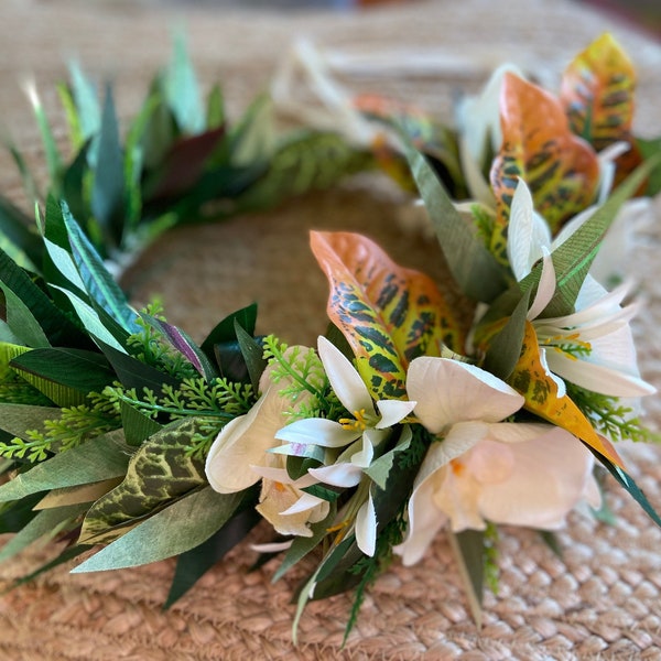 Lei Po'o Premium Bridal Hawaiian Flower Crown Romantic Tropical Wedding Graduation Artificial Silk Ti Leaf Fern Orchids Cordyline