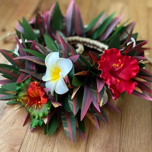 Lei Po'o Ohai Alii Premium Hawaiian Flower Crown Stunning Tropical Wedding Graduation Artificial Silk Ti Leaf Plumeria Croton image 8