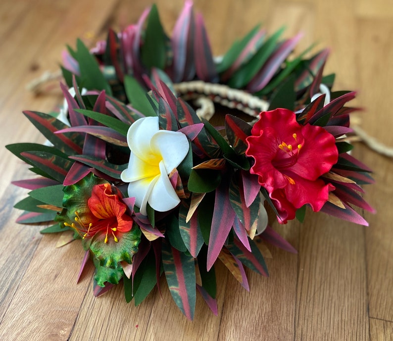 Lei Po'o Ohai Alii Premium Hawaiian Flower Crown Stunning Tropical Wedding Graduation Artificial Silk Ti Leaf Plumeria Croton image 8