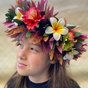 Lei Po'o Ohai Alii Premium Hawaiian Flower Crown Stunning Tropical Wedding Graduation Artificial Silk Ti Leaf Plumeria Croton image 1