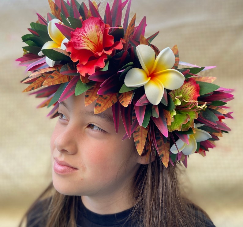 Lei Po'o Ohai Alii Premium Hawaiian Flower Crown Stunning Tropical Wedding Graduation Artificial Silk Ti Leaf Plumeria Croton image 1