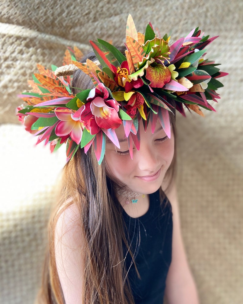 Lei Po'o Ohai Alii Premium Hawaiian Flower Crown Stunning Tropical Wedding Graduation Artificial Silk Ti Leaf Plumeria Croton image 5