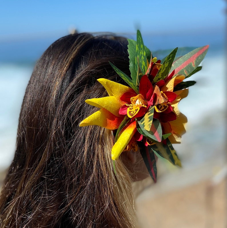 Hawaiian Flower Hair Clip Tahitian Costume Accessories Orchids & Heliconia Artificial Ti Leaf Tropical Hairpin for Aparima Ahuroa Otea Solo image 5