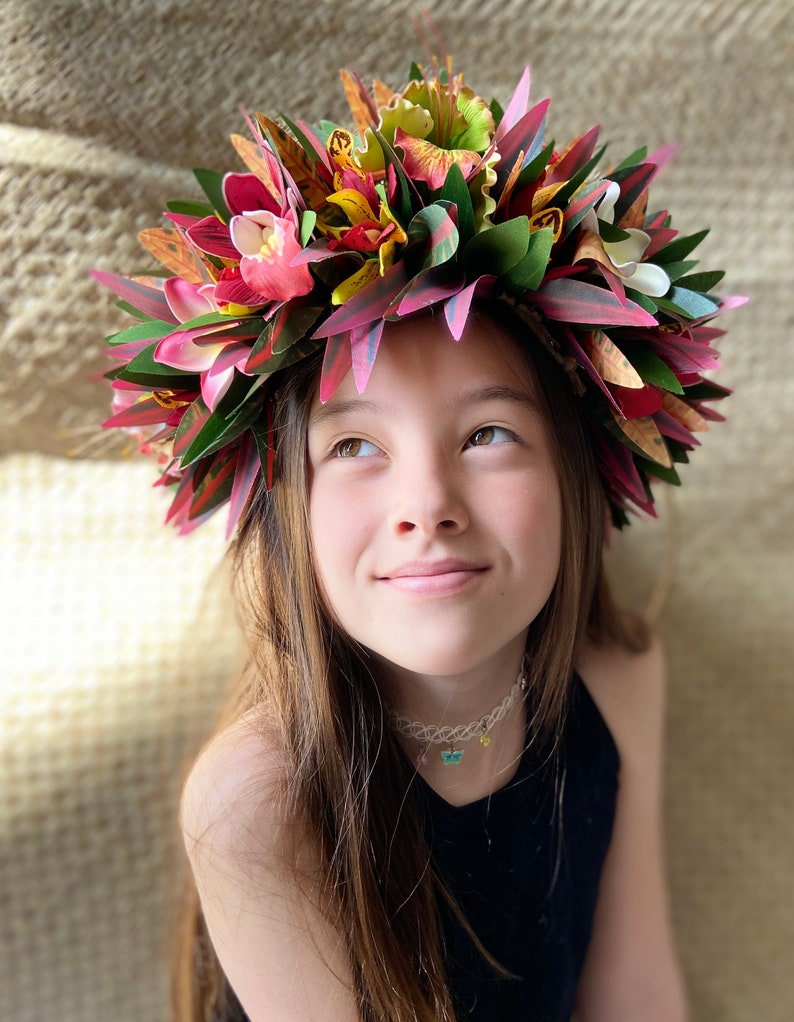 Lei Po'o Ohai Alii Premium Hawaiian Flower Crown Stunning Tropical Wedding Graduation Artificial Silk Ti Leaf Plumeria Croton image 4