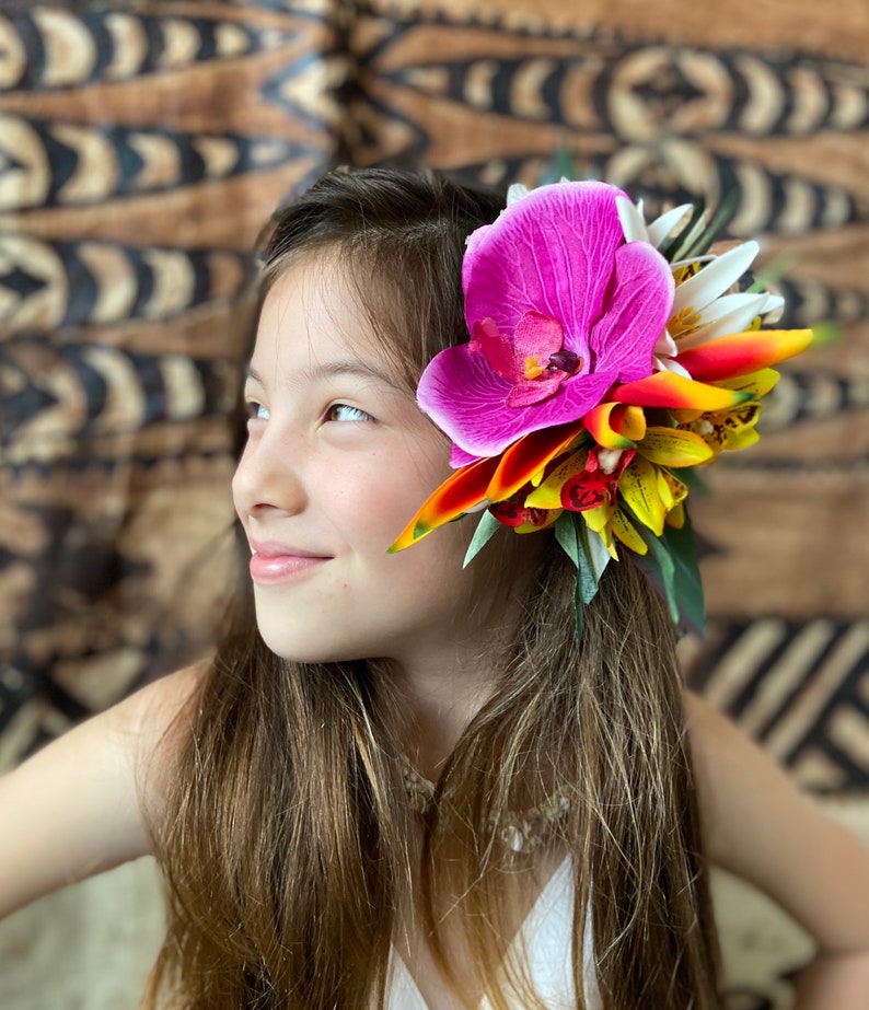 Hawaiianische Blume Haarspange Tahitian Kostüm Zubehör Orchideen & Heliconia Künstliche Ti Blatt Tropische Haarnadel Bild 2