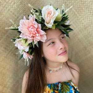 Lei Po&#39;o Premium Bridal Hawaiian Flower Crown Romantic Tropical Wedding Graduation Artificial Silk Ti Leaf Rose Dahlia Tulip Papale Hat Wrap
