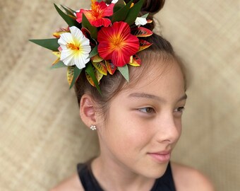 Royal Polynesian Hibiscus Hair Clip Tahitian Headdress Costume for Aparima Ahuroa Hula Statement Piece Bridal Plumeria Fascinator Hair Pin