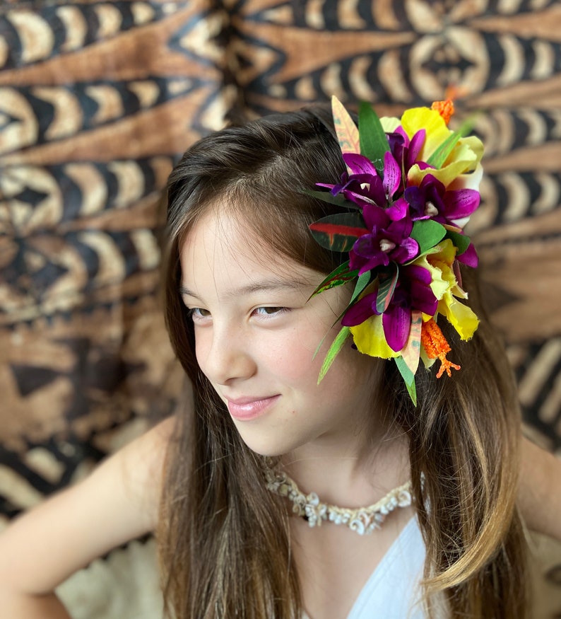 Hawaiianische Blume Haarspange Tahitian Kostüm Zubehör Orchideen & Heliconia Künstliche Ti Blatt Tropische Haarnadel Bild 8