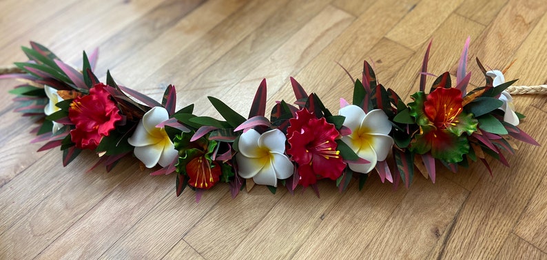 Lei Po'o Ohai Alii Premium Hawaiian Flower Crown Stunning Tropical Wedding Graduation Artificial Silk Ti Leaf Plumeria Croton image 9