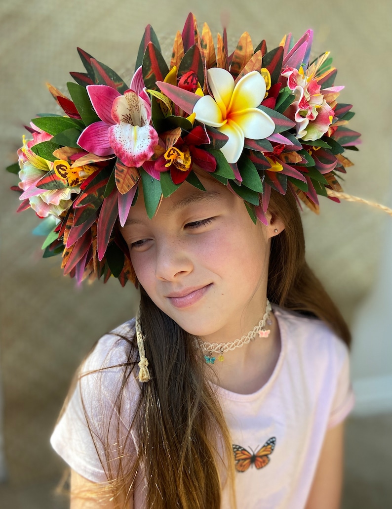 Lei Po'o Ohai Alii Premium Hawaiian Flower Crown Stunning Tropical Wedding Graduation Artificial Silk Ti Leaf Plumeria Croton image 2