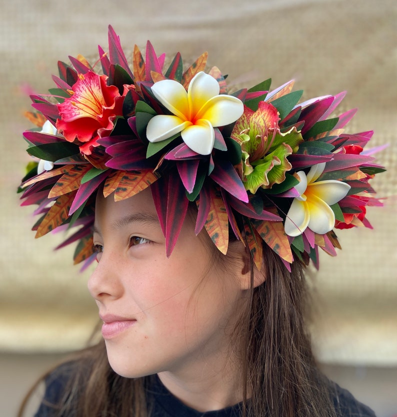 Lei Po'o Ohai Alii Premium Hawaiian Flower Crown Stunning Tropical Wedding Graduation Artificial Silk Ti Leaf Plumeria Croton image 3