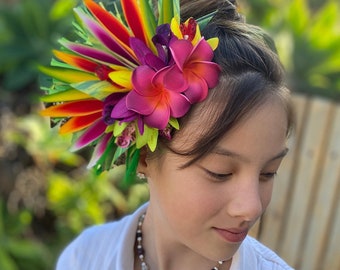 Polynesian Plumeria Hair Clip Tahitian Headdress Costume for Aparima Ahuroa Hula Statement Piece Bridal Heliconia Orchid Fascinator Hair Pin
