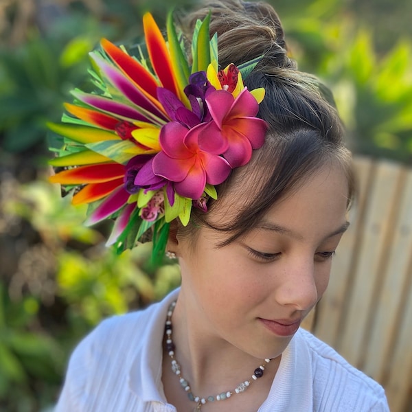 Polynesian Plumeria Hair Clip Tahitian Headdress Costume for Aparima Ahuroa Hula Statement Piece Bridal Heliconia Orchid Fascinator Hair Pin